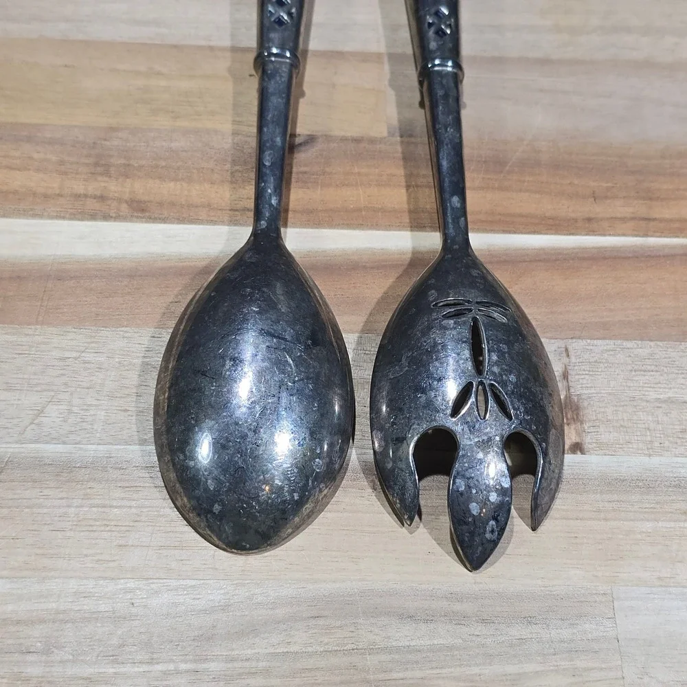 Vintage Silver Plate Blue Guilloche Enamel Salad Servers Set‎ 10.5